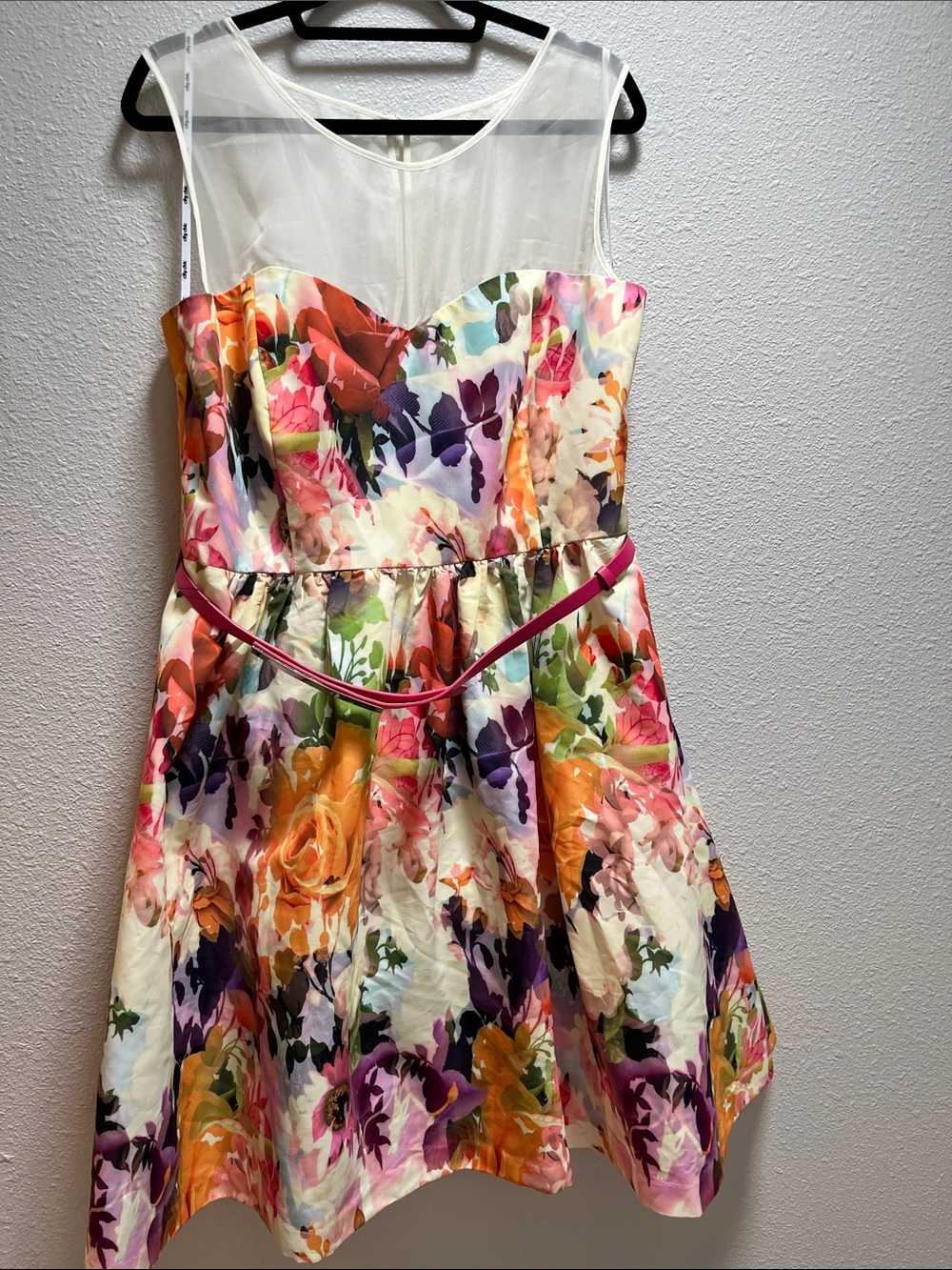 City Chic Ivory Mesh Yoke Floral Fit-and-Flare Dress with Pink Waist Trim